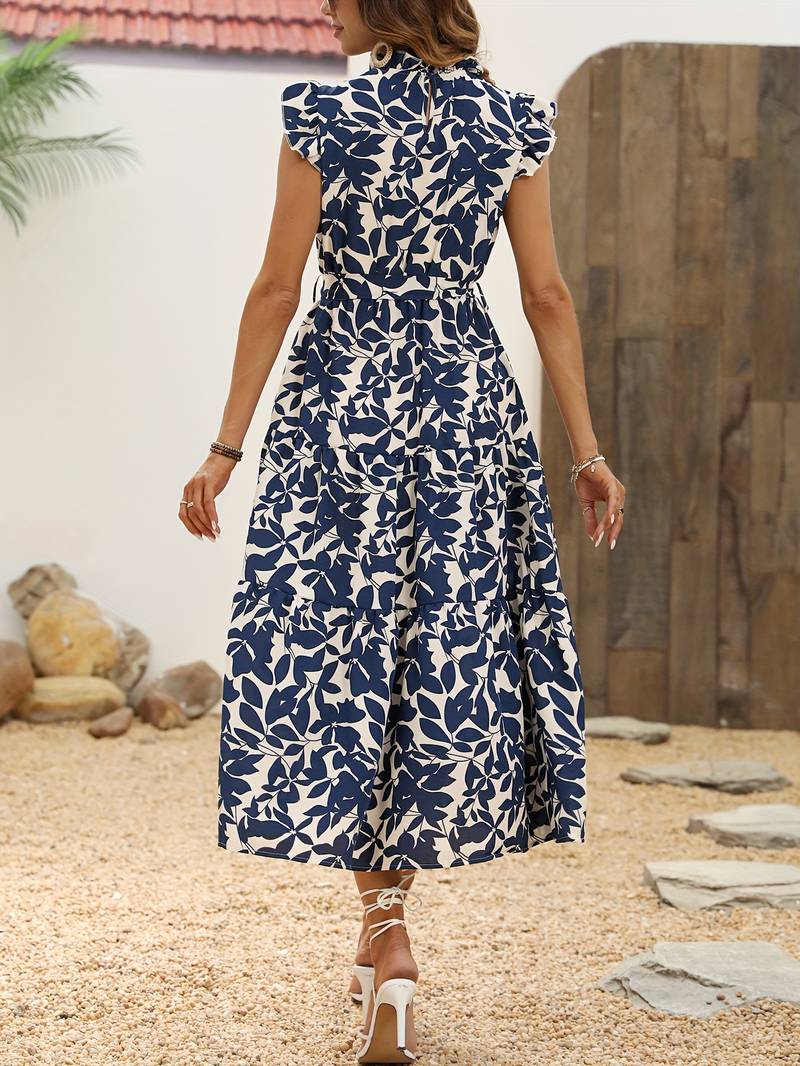 Eleanor - Ruffled Sleeve Leaf Print Summer Dress with Belt