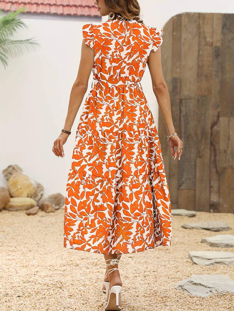 Eleanor - Ruffled Sleeve Leaf Print Summer Dress with Belt