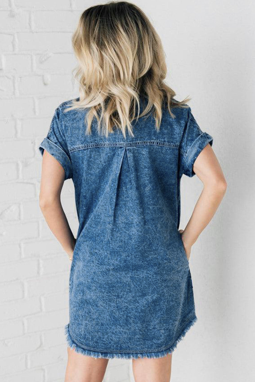 Gwen - Cuffed Sleeve Frayed Hem Denim Dress