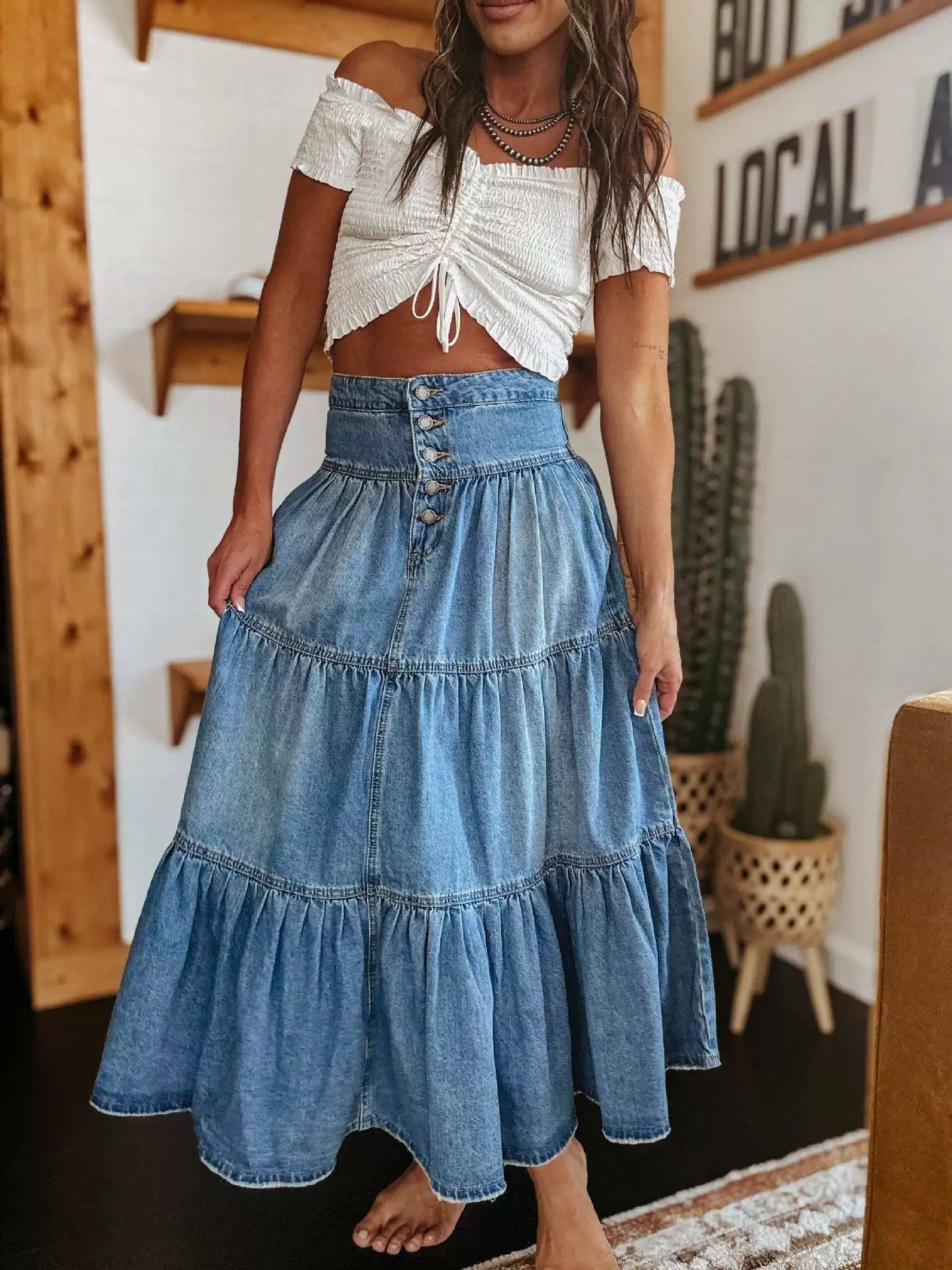 Laureen - Women’s Flowy High‑Waist Denim Maxi Skirt