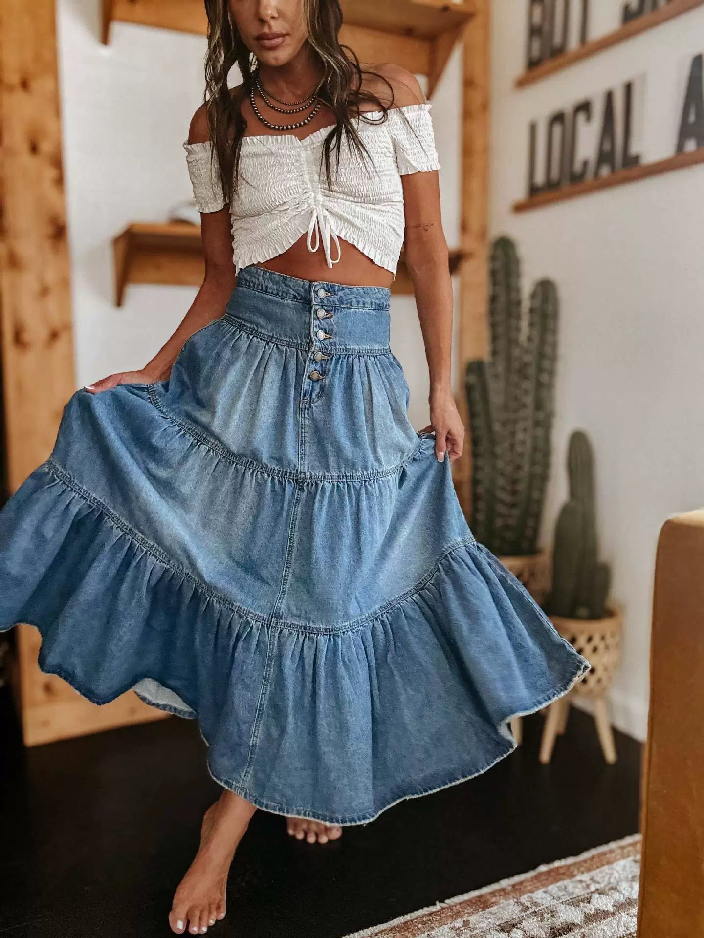Laureen - Women’s Flowy High‑Waist Denim Maxi Skirt