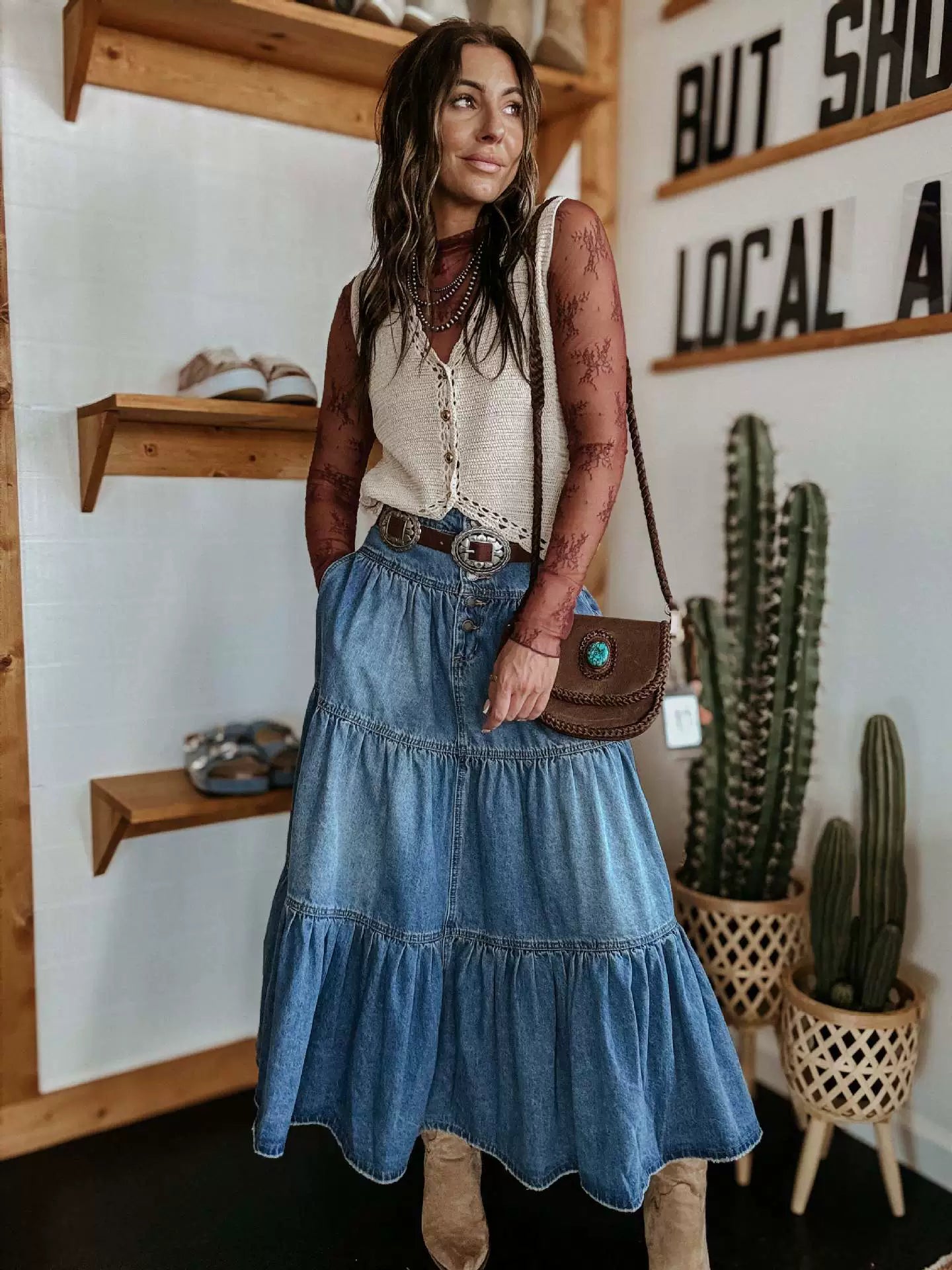 Laureen - Women’s Flowy High‑Waist Denim Maxi Skirt