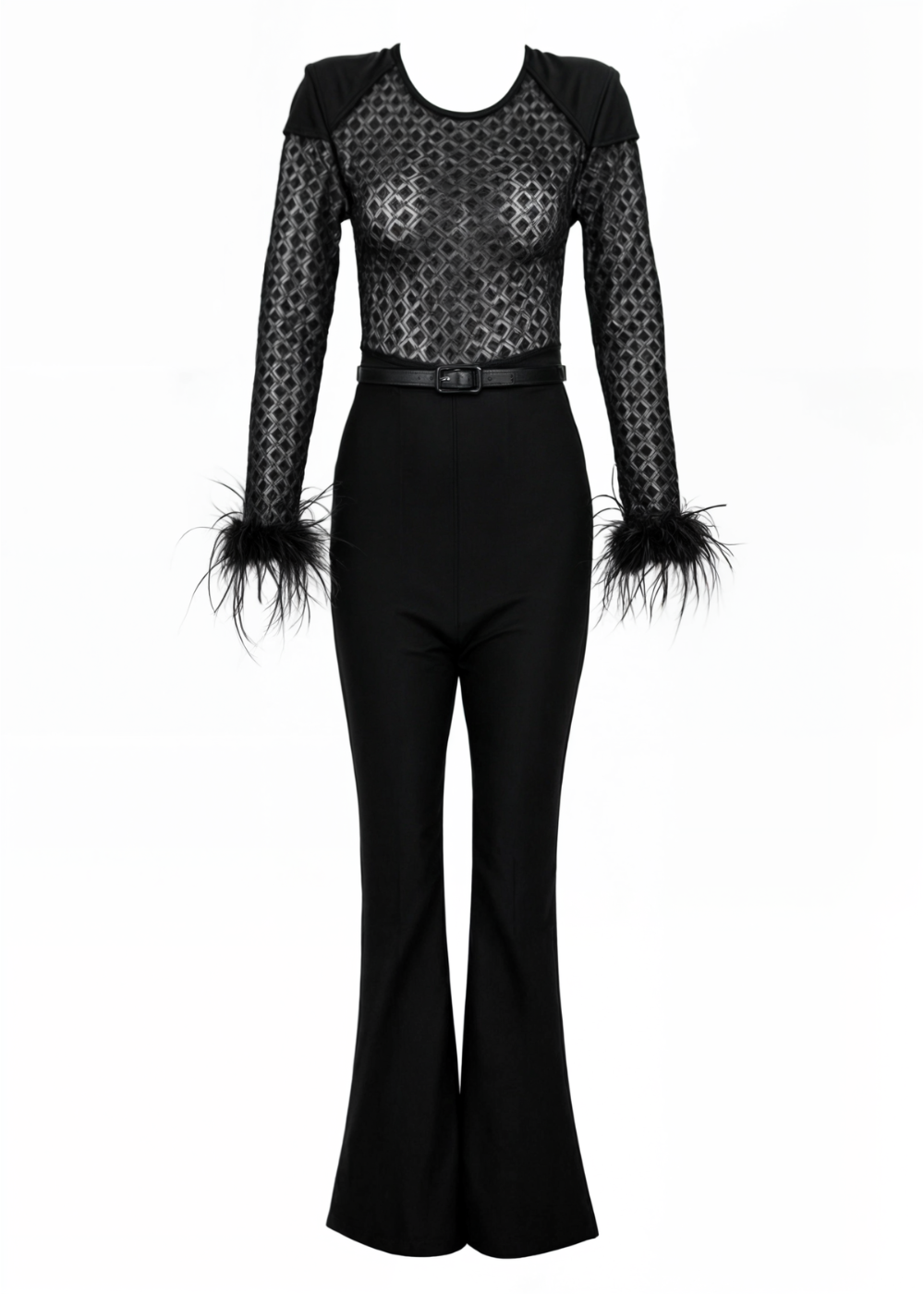 Cassandra - Fur Sleeves Lace Slim Fit Jumpsuit