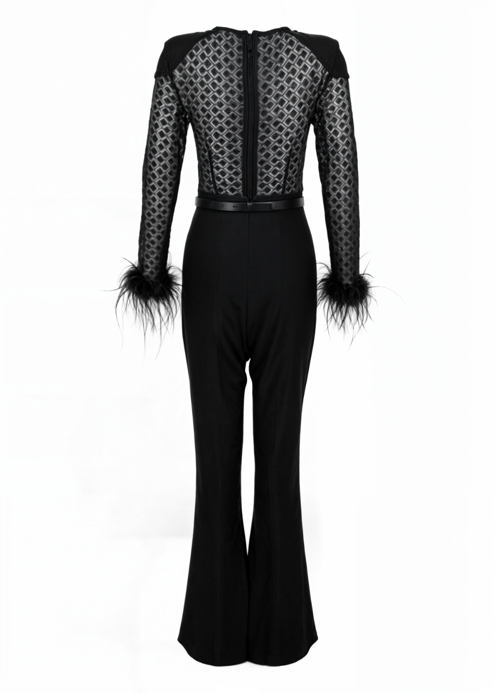 Cassandra - Fur Sleeves Lace Slim Fit Jumpsuit