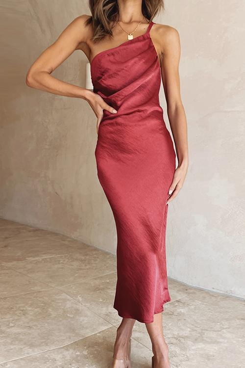 Lana - Ruched One Shoulder Slip Midi Dress