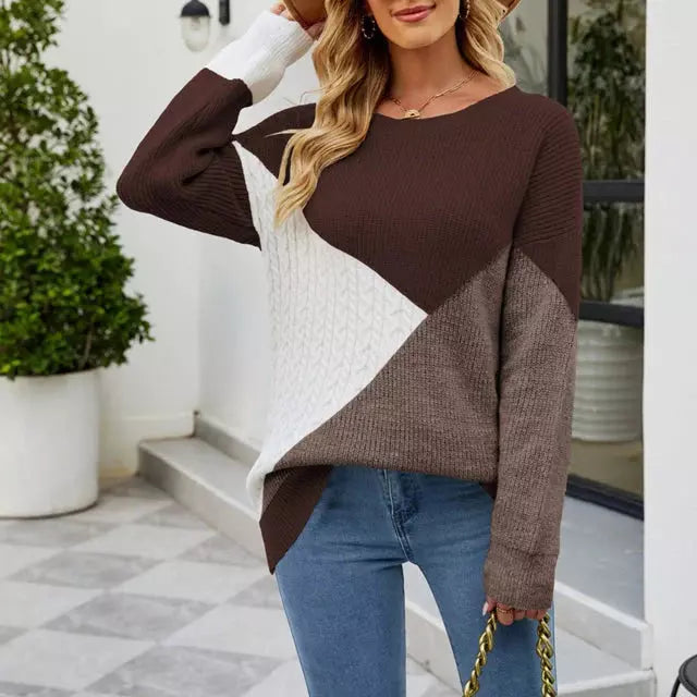 Genevieve - Elegant Patchwork Knit Sweater Modern Winter Style