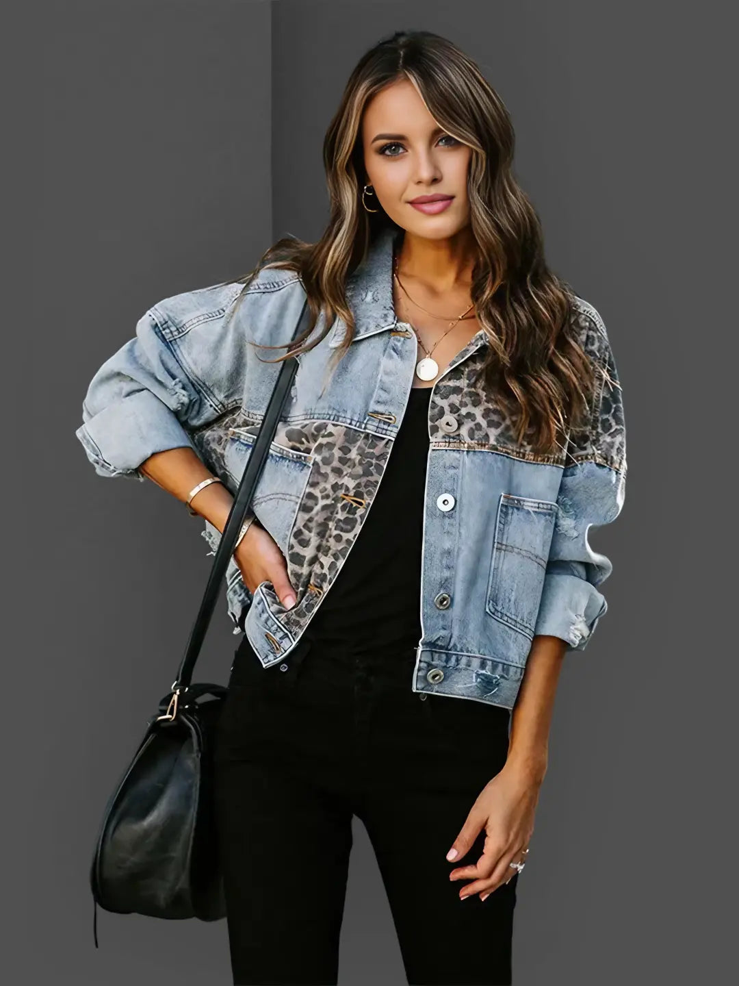 Shirley - Leopard Accent Denim Jacket Bold and Stylish