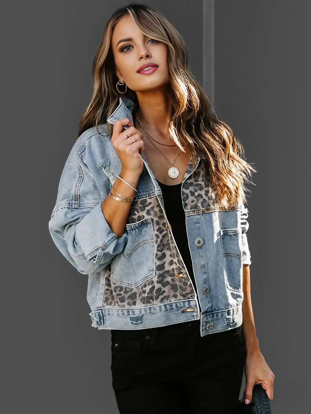 Shirley - Leopard Accent Denim Jacket Bold and Stylish