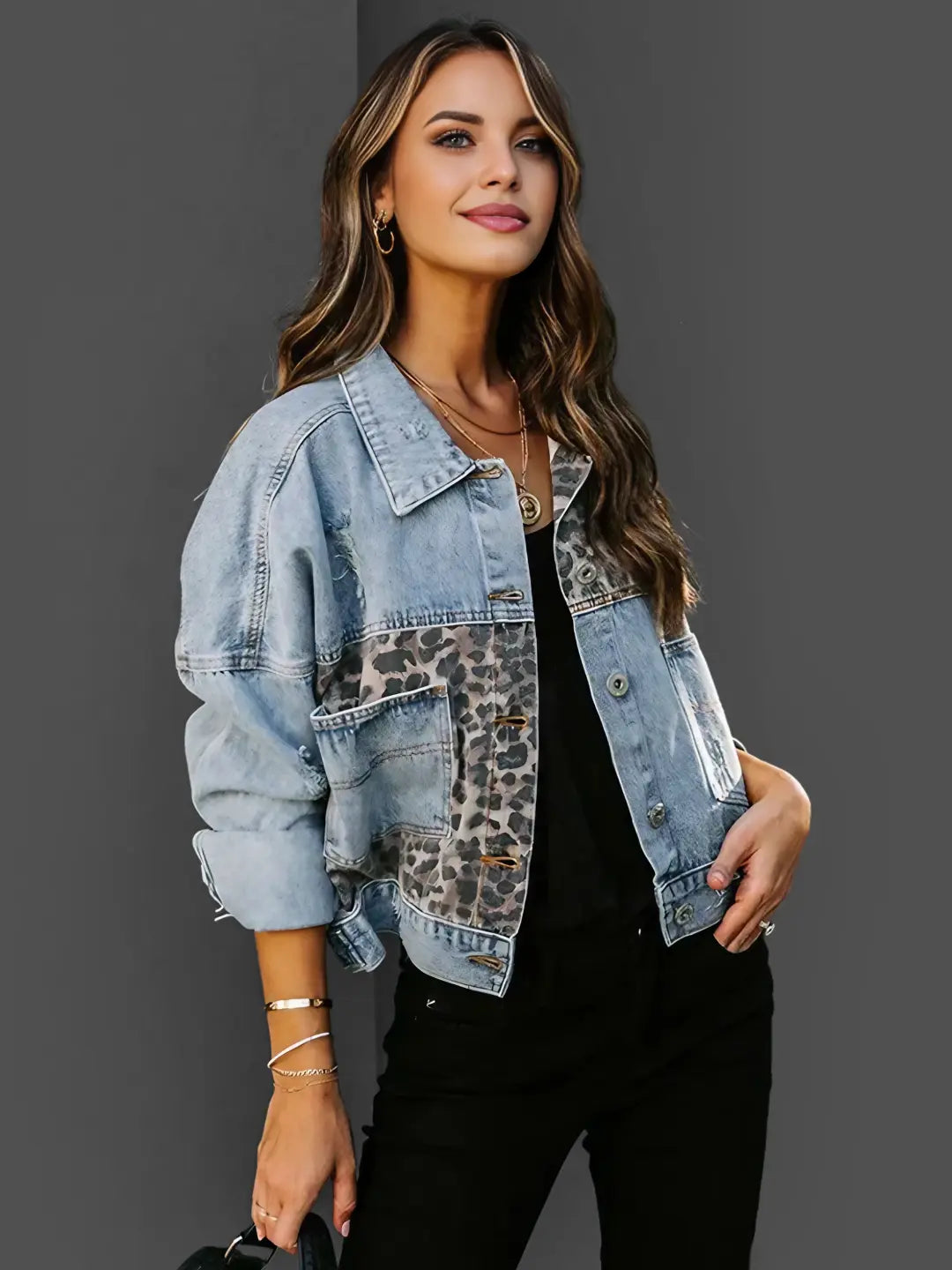 Shirley - Leopard Accent Denim Jacket Bold and Stylish