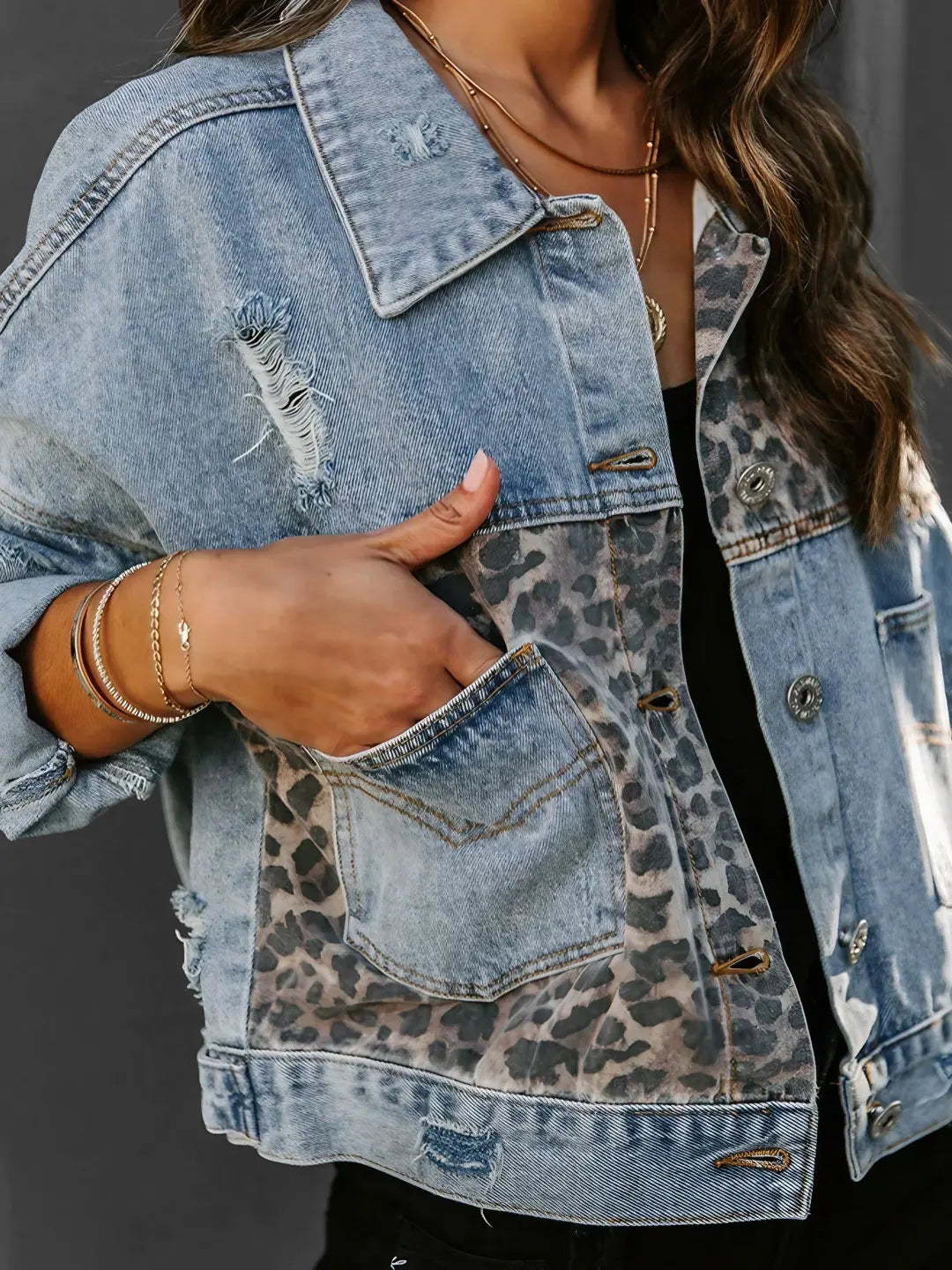 Shirley - Leopard Accent Denim Jacket Bold and Stylish