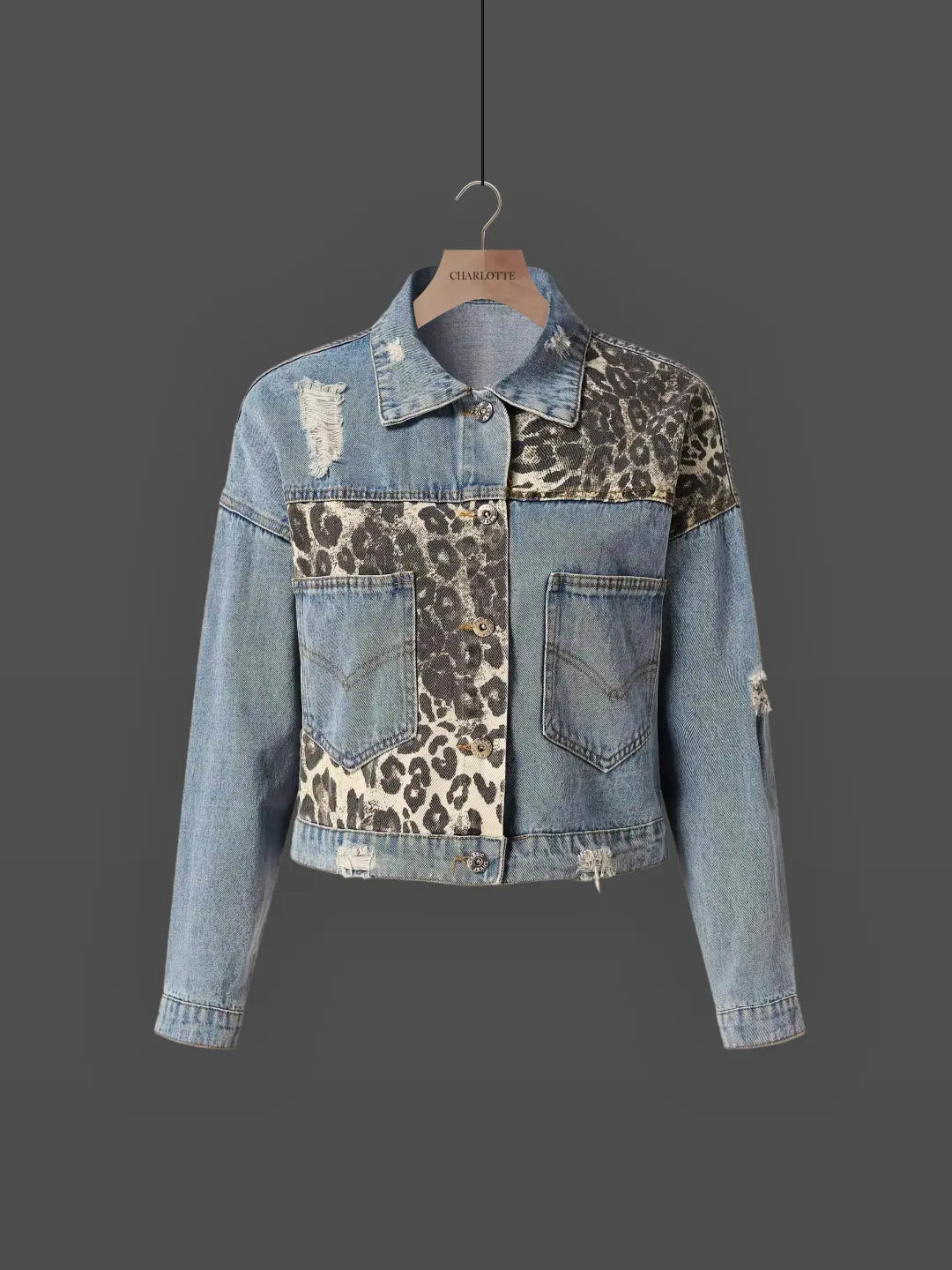 Shirley - Leopard Accent Denim Jacket Bold and Stylish