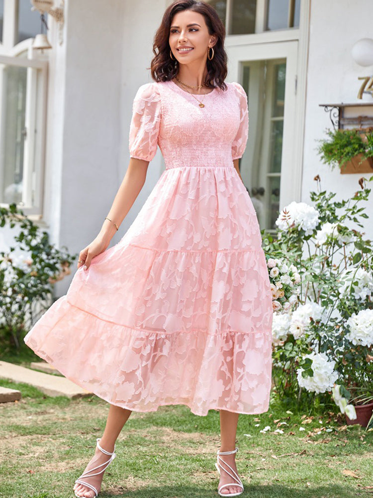 Elly - Smocked Bodice Midi Dress with Puff Sleeves and Tiered Skirt