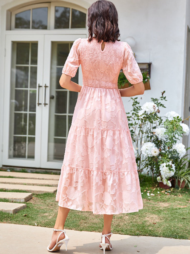 Elly - Smocked Bodice Midi Dress with Puff Sleeves and Tiered Skirt
