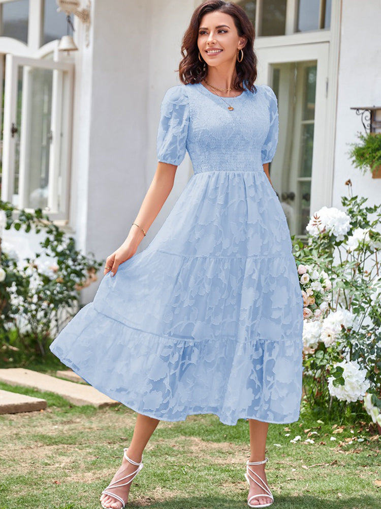 Elly - Smocked Bodice Midi Dress with Puff Sleeves and Tiered Skirt