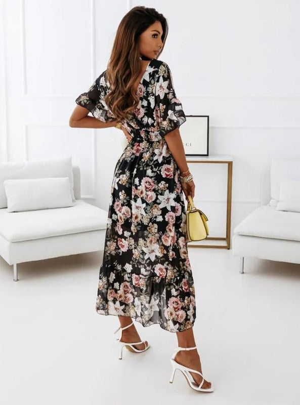 Talia - V-Neck Midi Dress with Floral Pattern