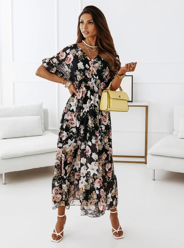 Talia - V-Neck Midi Dress with Floral Pattern