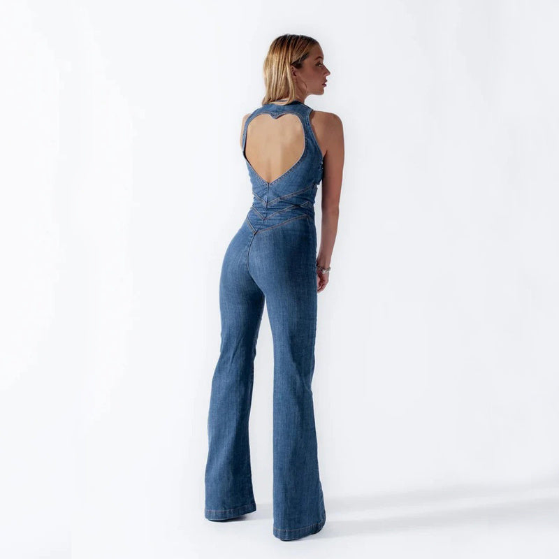 Amira - Trendy Denim Jumpsuit with Heart Cutout