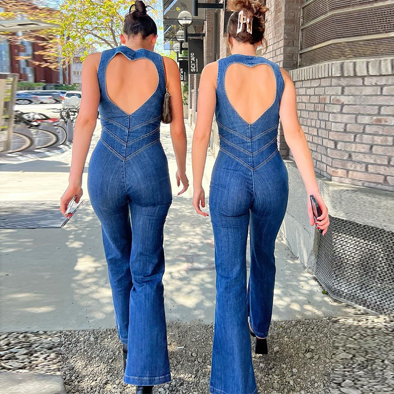 Amira - Trendy Denim Jumpsuit with Heart Cutout