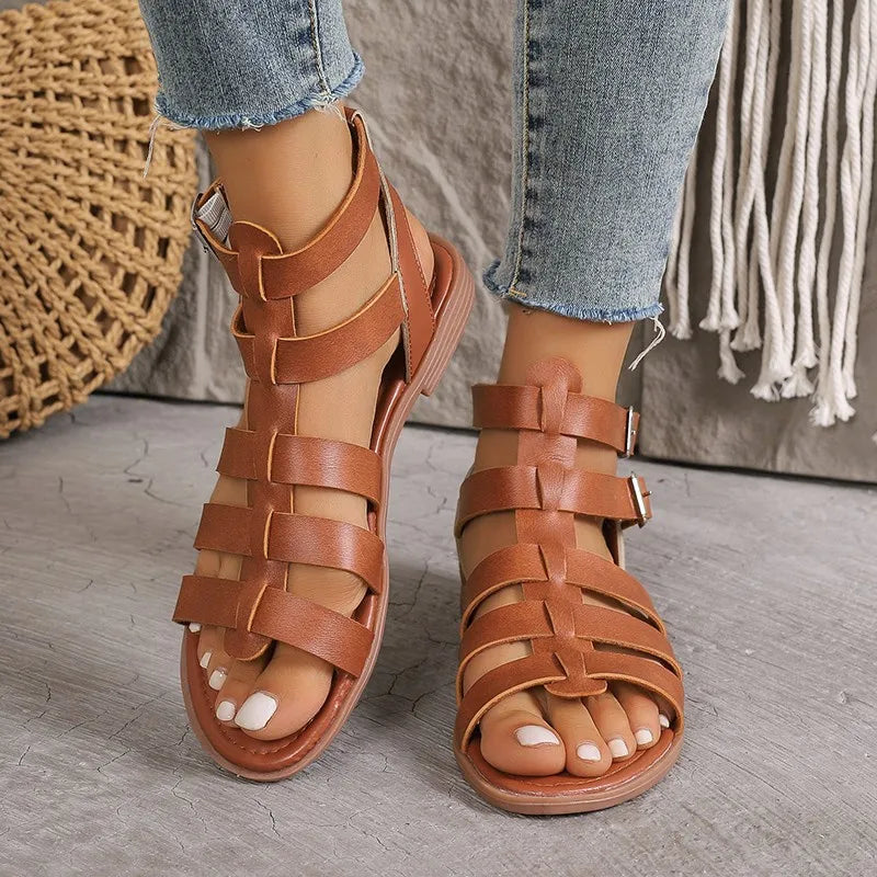 Evanna - Strappy Gladiator Sandals with Buckle Closure and Flat Sole