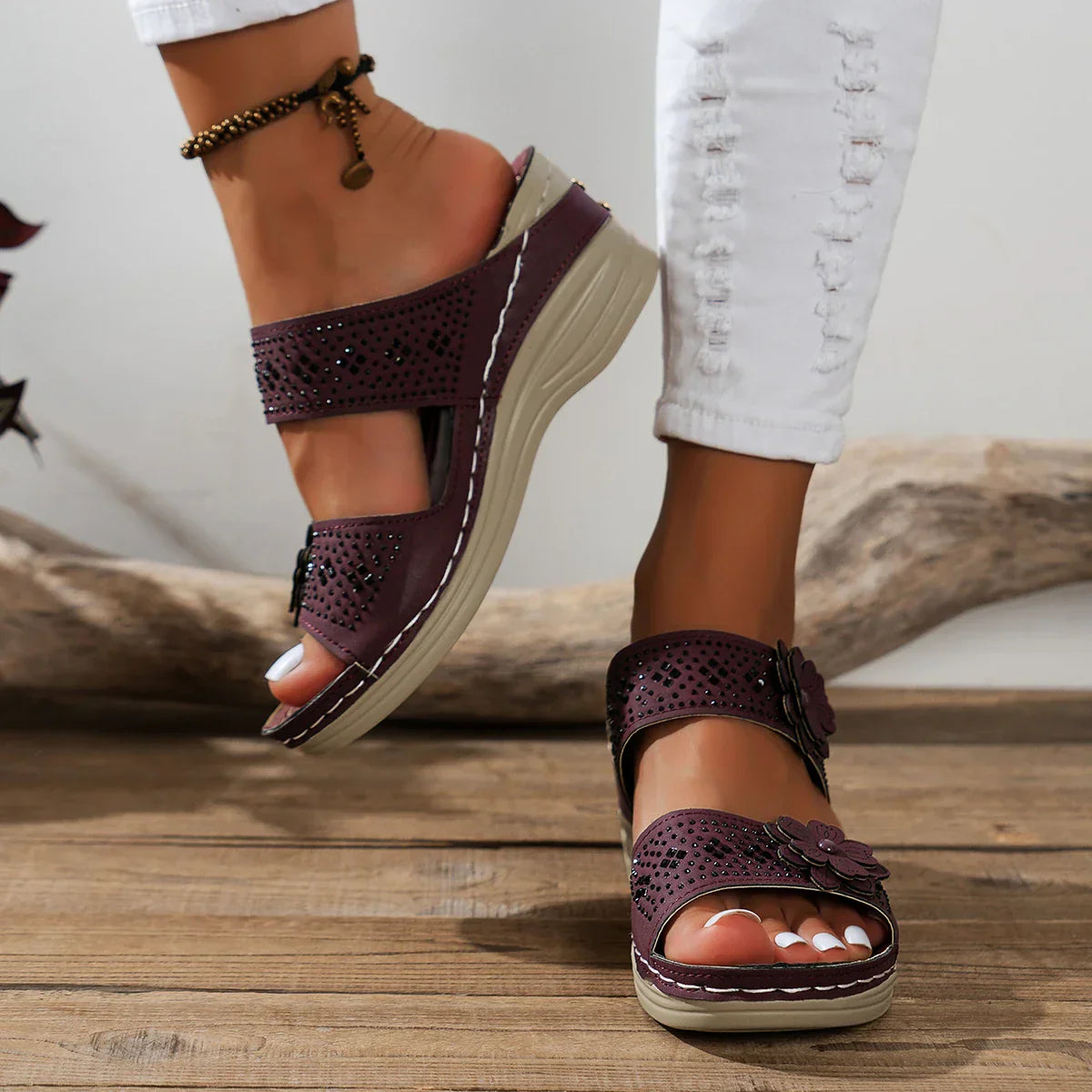 Keziah - Floral Embellished Wedge Sandals