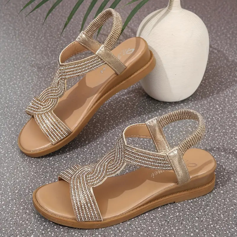 Shirley - Women’s Elastic Strap Rhinestone Flat Sandals