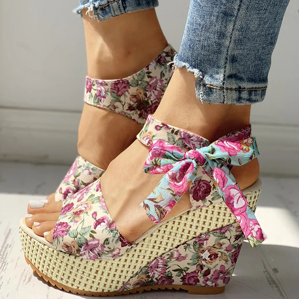 Nixie - Floral Bow Wedge Sandals