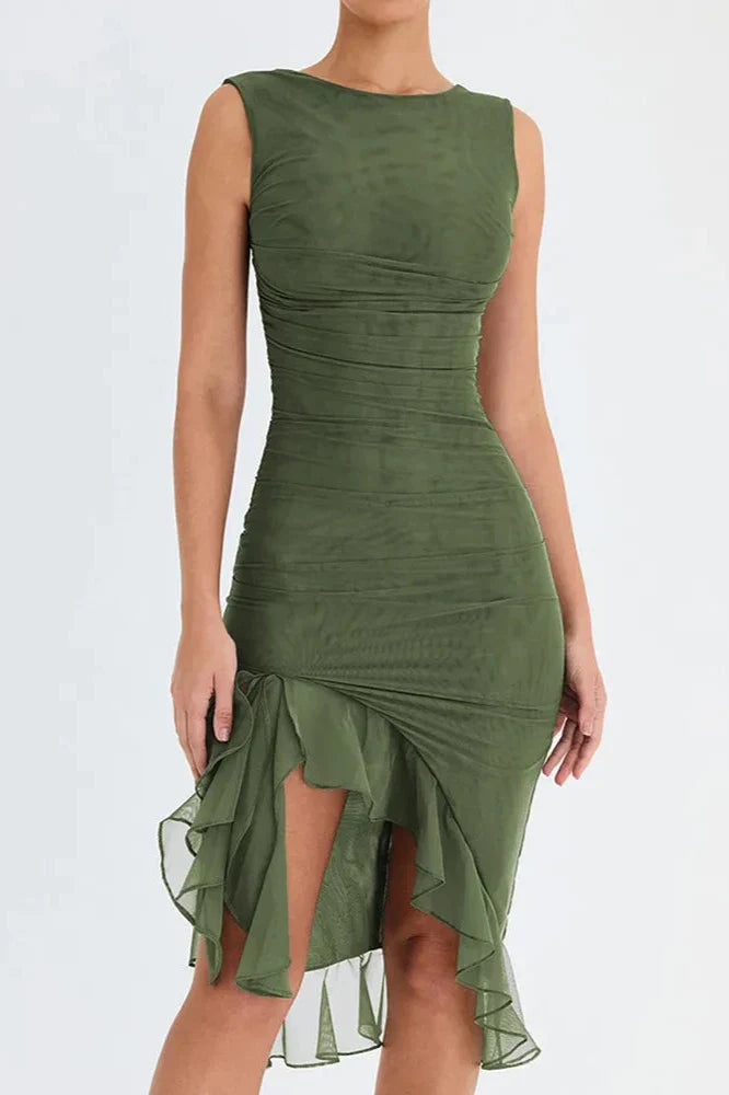 Elki - Elegant Mesh Midi Dress with Ruffled Hem