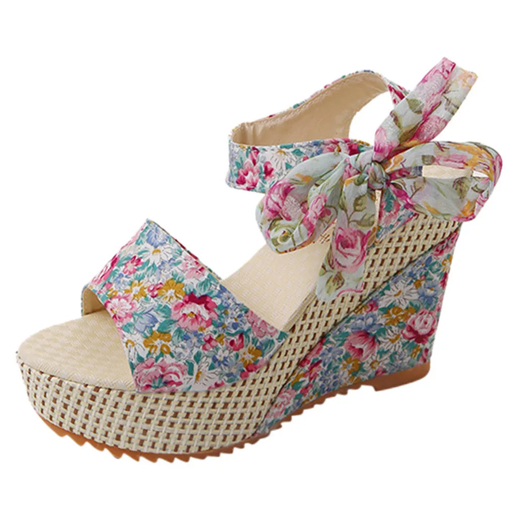 Nixie - Floral Bow Wedge Sandals