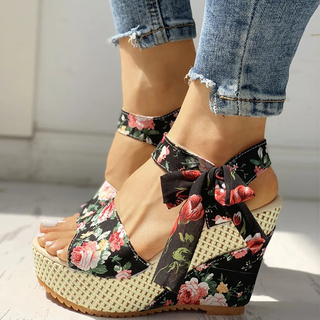 Nixie - Floral Bow Wedge Sandals