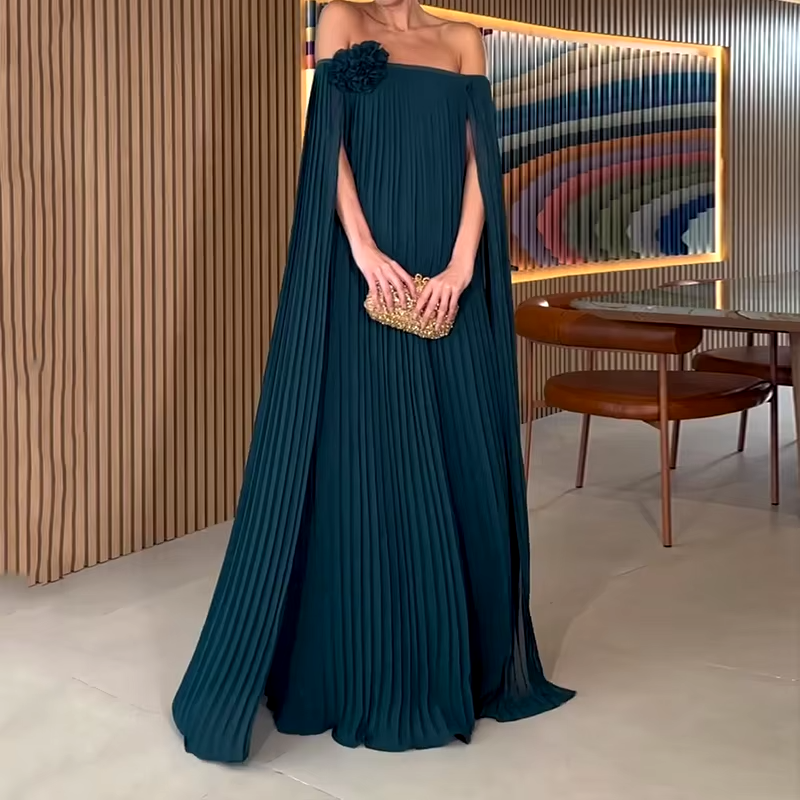 Summer - Off-shoulder Pleated Solid Color Dress