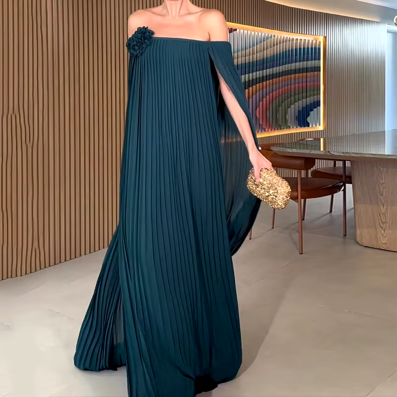 Summer - Off-shoulder Pleated Solid Color Dress