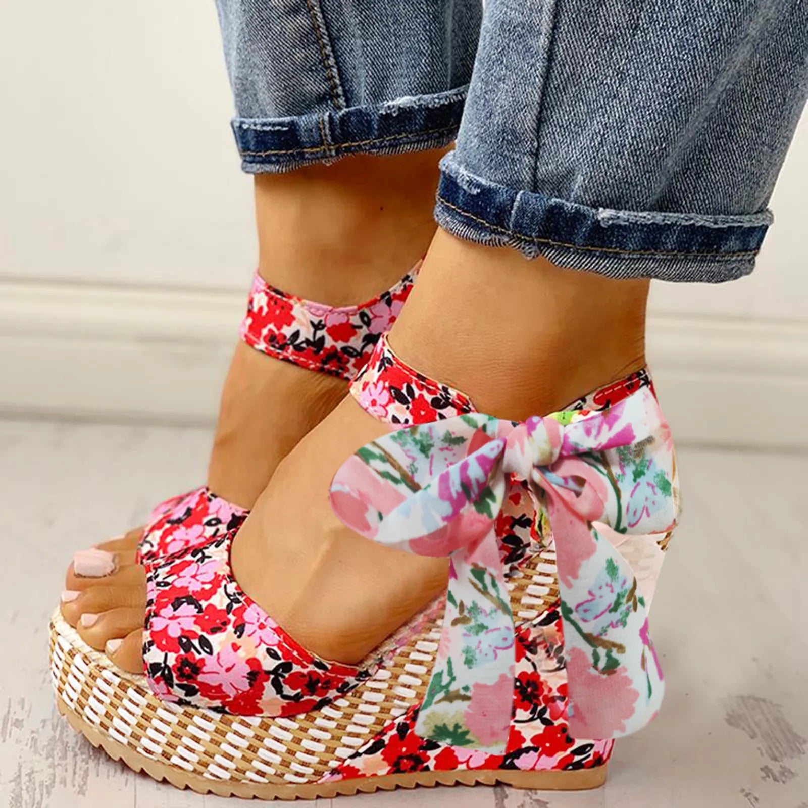 Nixie - Floral Bow Wedge Sandals