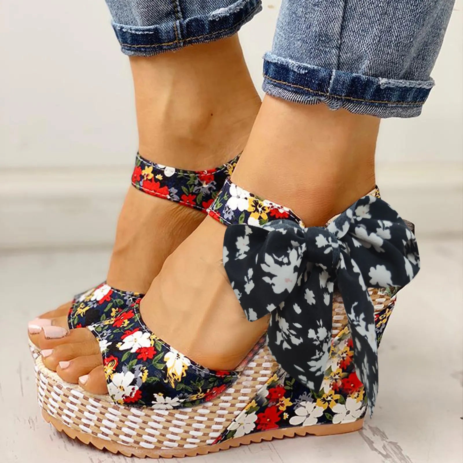 Nixie - Floral Bow Wedge Sandals