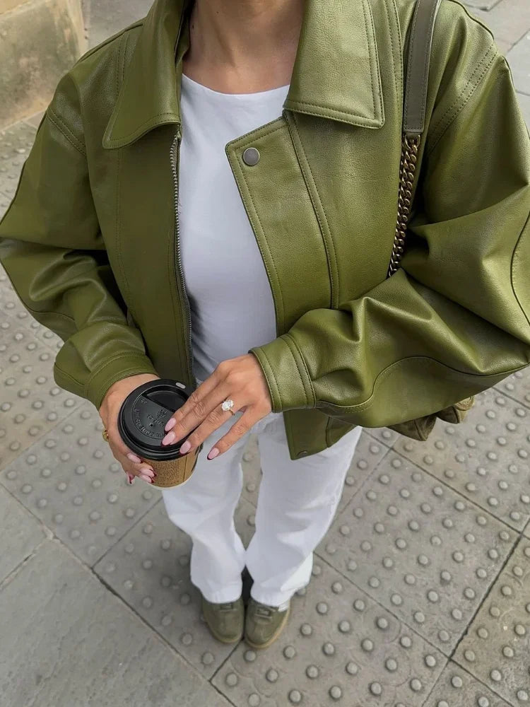 Myra - Bomber Jacket in Green Vegan Faux Leather