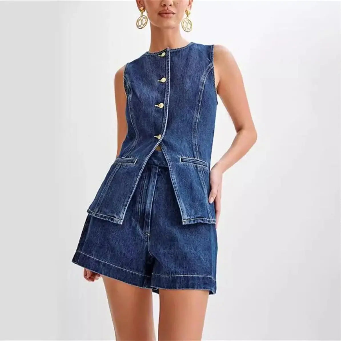 Clio - Casual Denim Shorts Set Blue Cotton Comfortable and Trendy