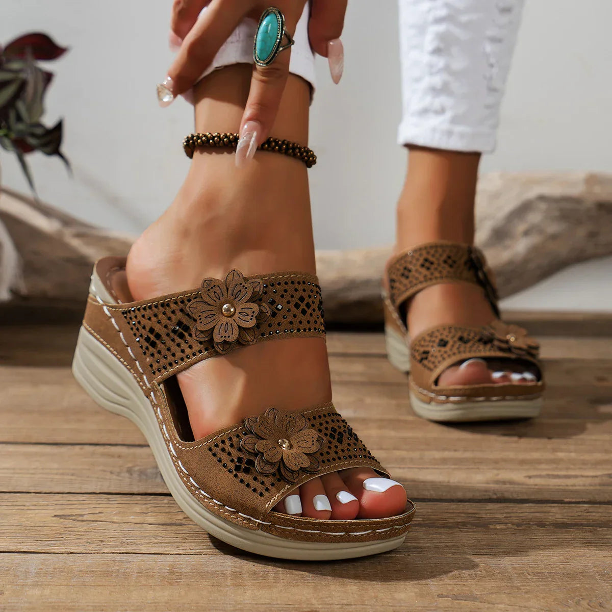 Keziah - Floral Embellished Wedge Sandals