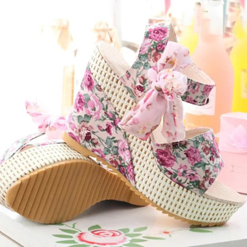 Nixie - Floral Bow Wedge Sandals