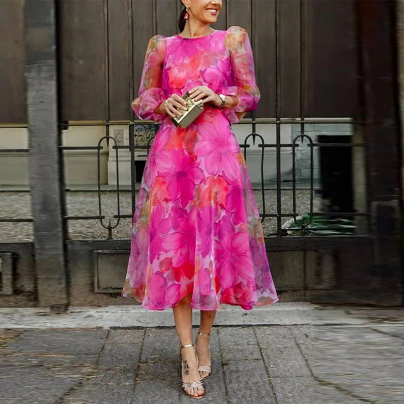 Jenna - Sheer Long Puff Sleeves Midi Dress