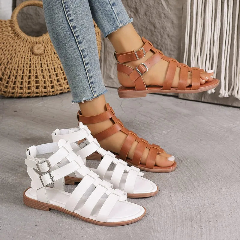 Evanna - Strappy Gladiator Sandals with Buckle Closure and Flat Sole