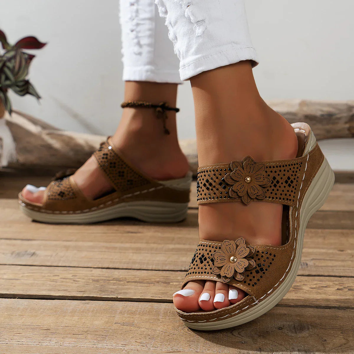 Keziah - Floral Embellished Wedge Sandals