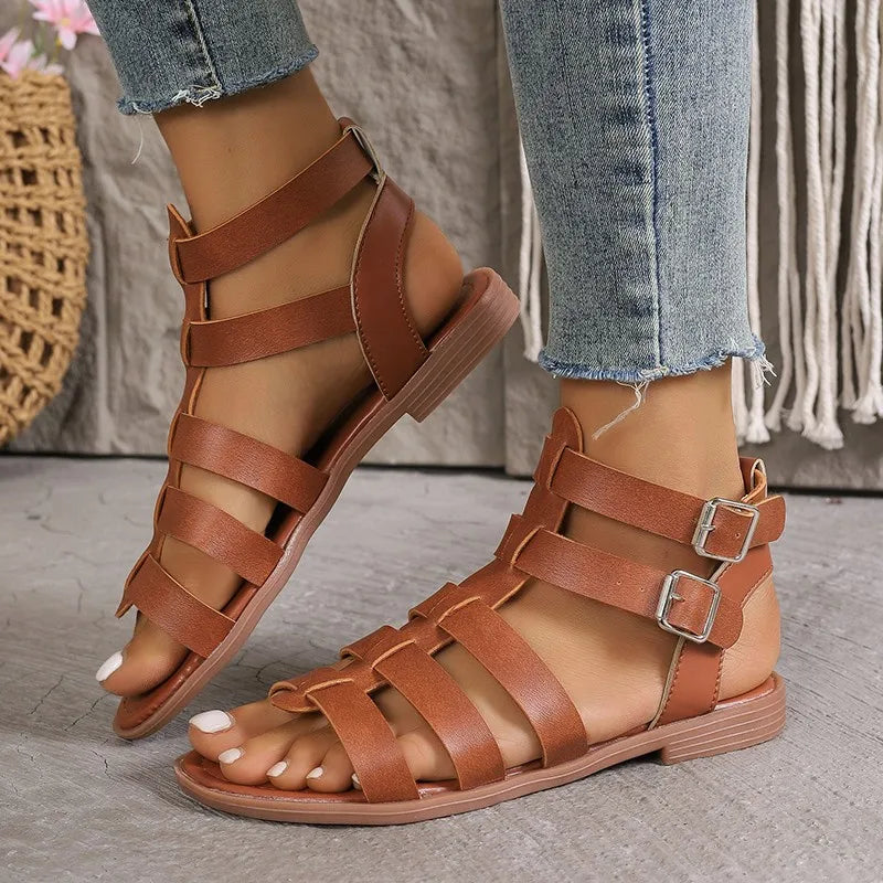 Evanna - Strappy Gladiator Sandals with Buckle Closure and Flat Sole