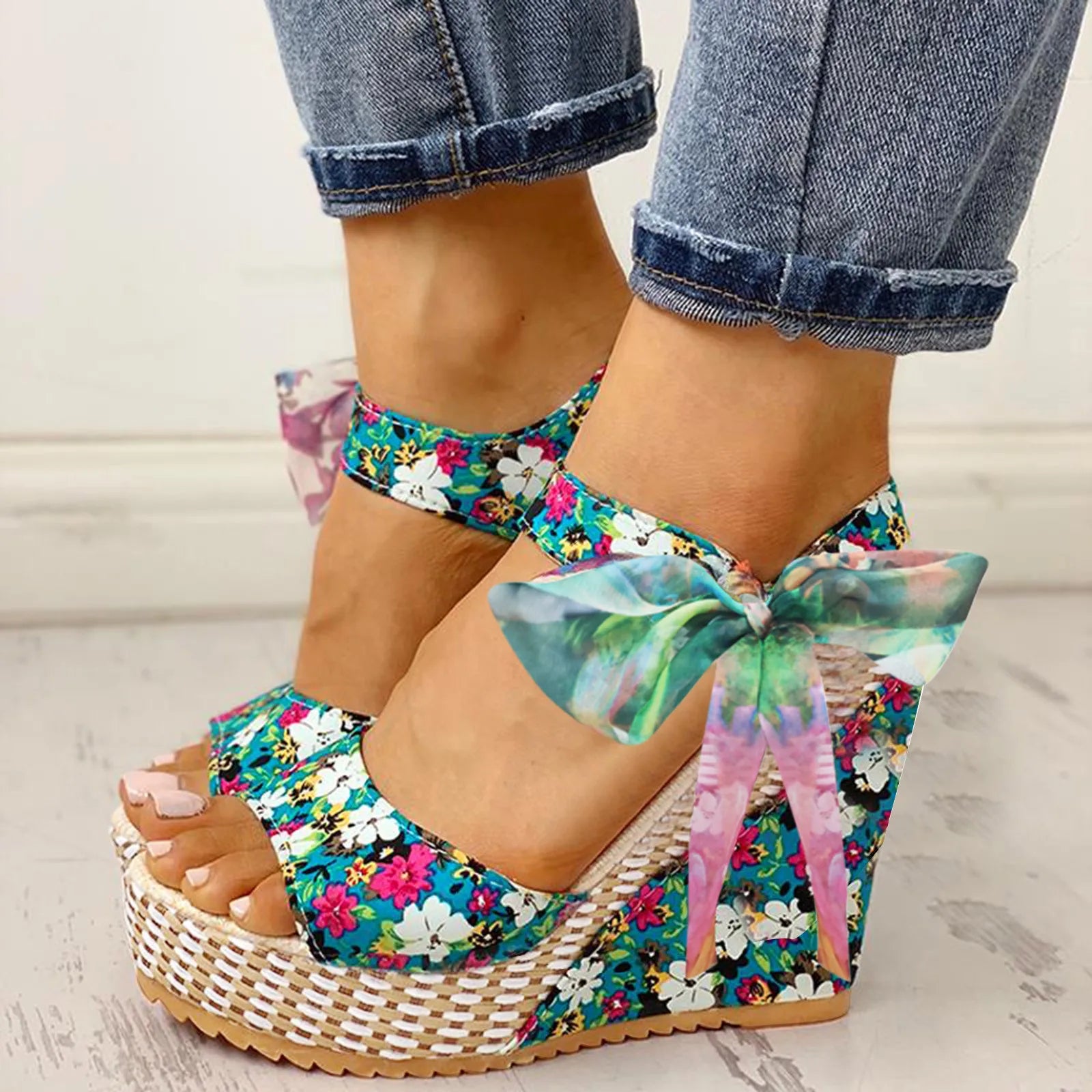 Nixie - Floral Bow Wedge Sandals