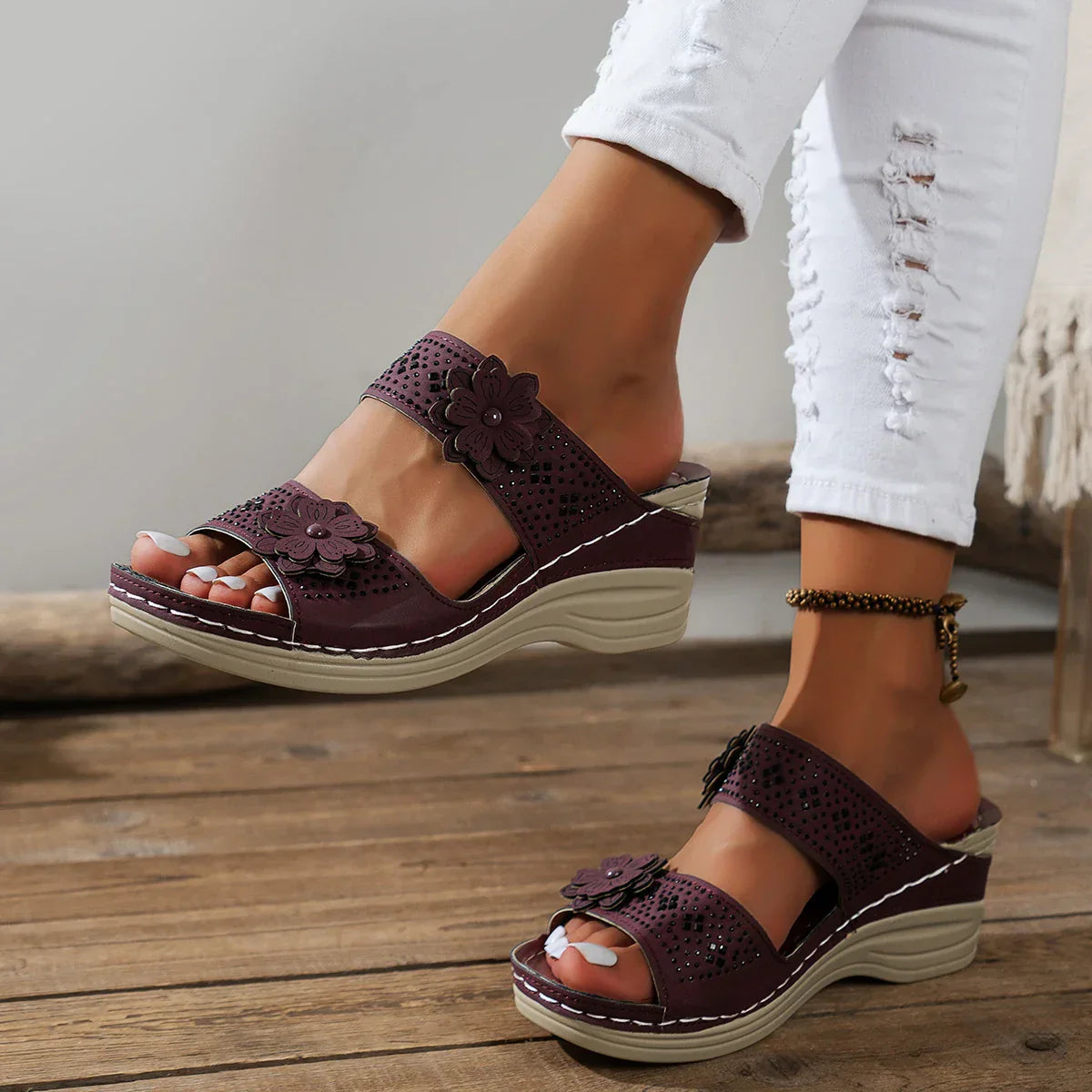 Keziah - Floral Embellished Wedge Sandals