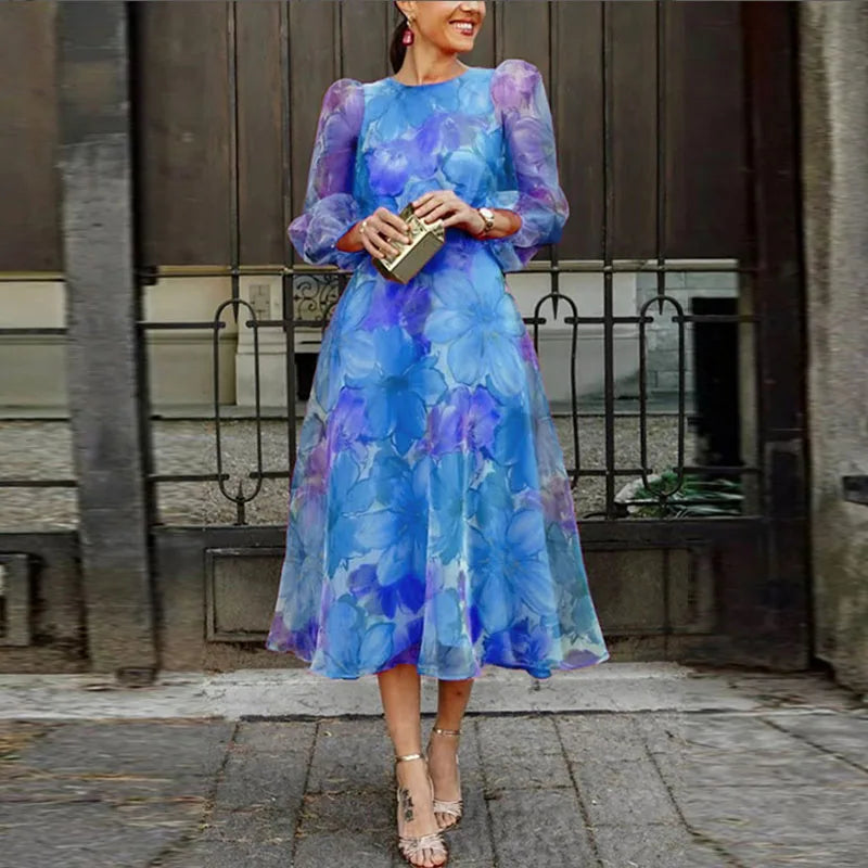 Jenna - Sheer Long Puff Sleeves Midi Dress