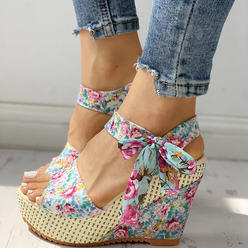 Nixie - Floral Bow Wedge Sandals