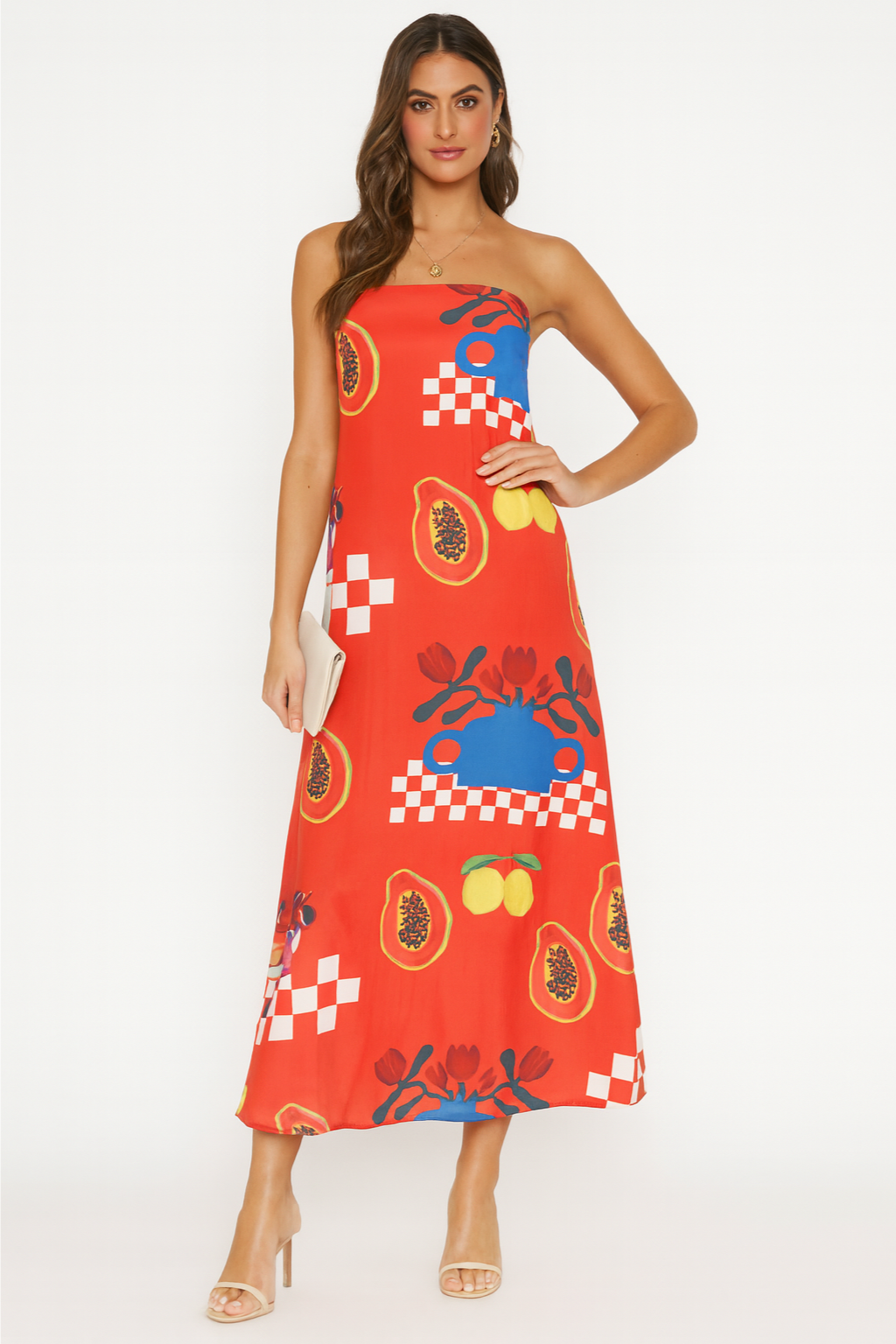Stella - Tropical Print Strapless Maxi Dress with Flowy Design