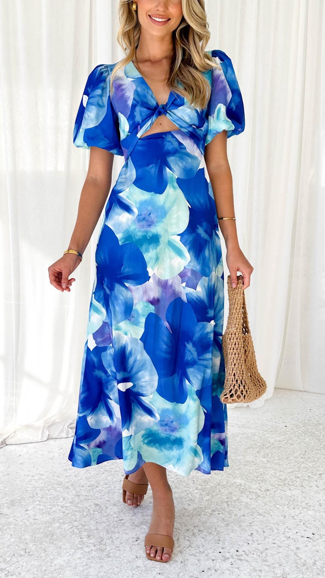 Elara - Floral V-Neck Blue Dress