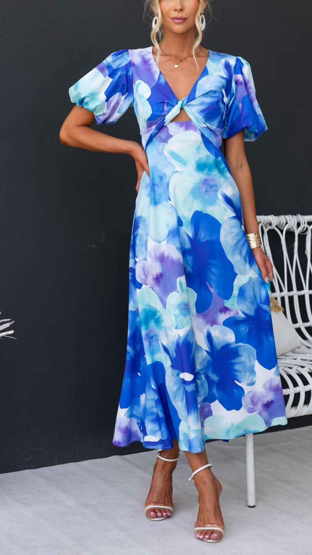 Elara - Floral V-Neck Blue Dress