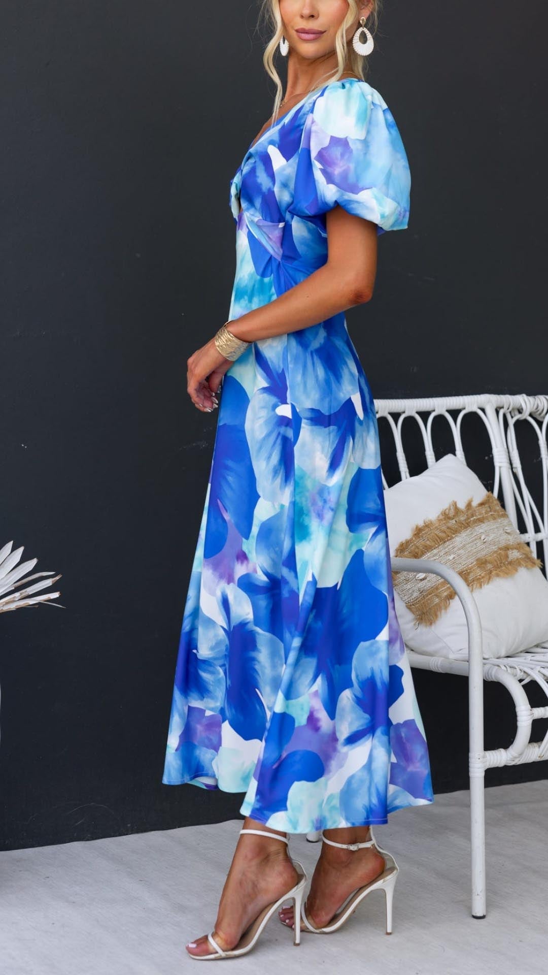 Elara - Floral V-Neck Blue Dress