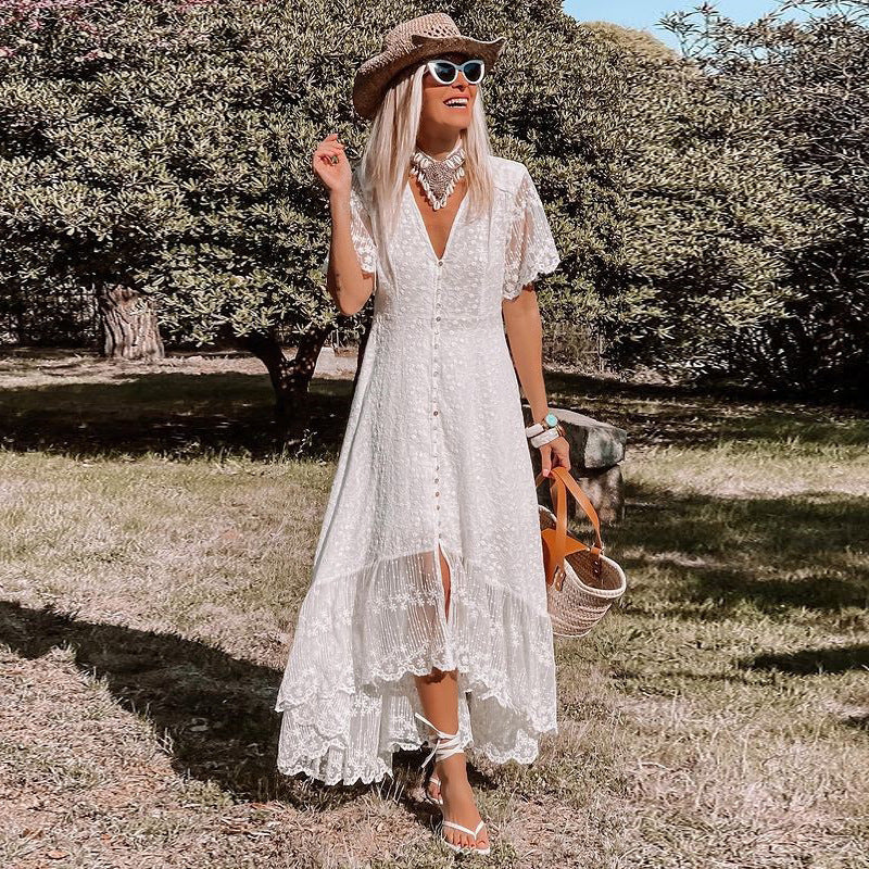 Ashlyn - Lace Maxi Dress with Deep V-Neck and Button-Down Front